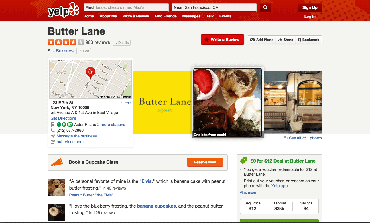 Butter Lane Bakery's Yelp profile has photos and a Yelp Deal for customers in the lower right corner. 