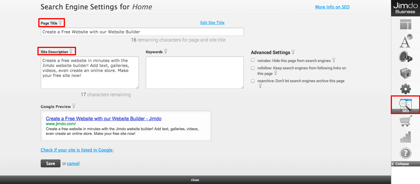 On Jimdo sites, you can change your title and meta tags in the SEO admin panel. Simply update the “Page Title” (Title Tag) and “Site Description” (Meta Description) with your preferred text.