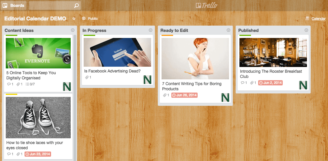 Sample Trello board for editorial calendar