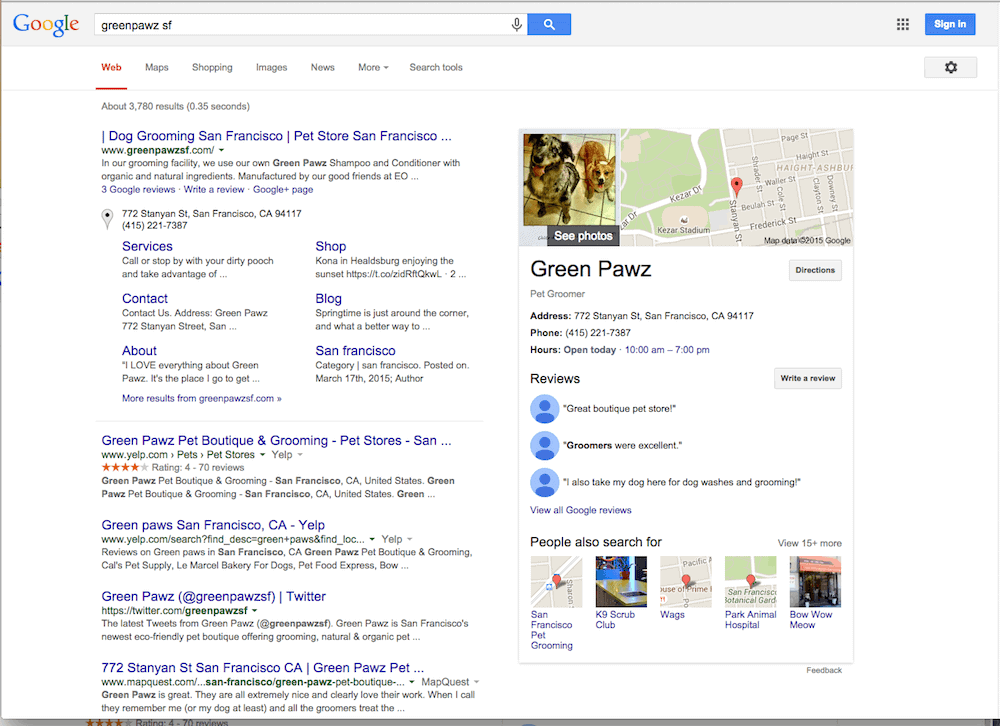 An example of a Google Business Listing showing up in search results.