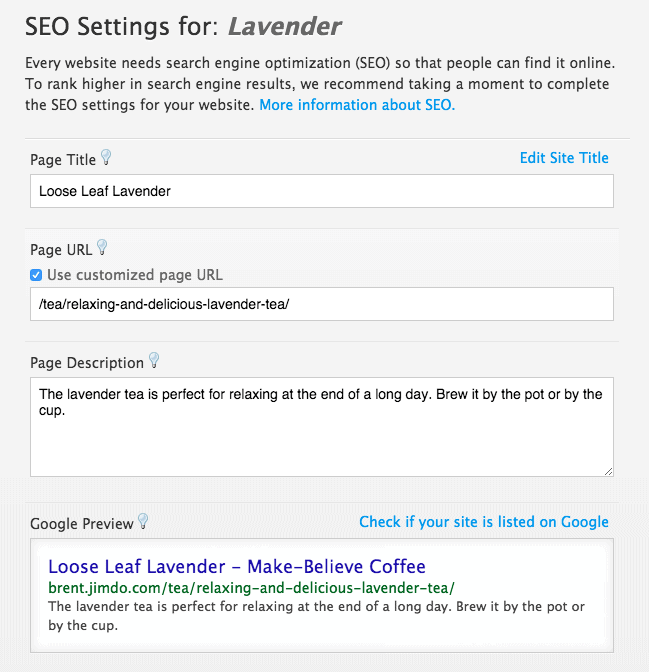 Jimdo SEO settings