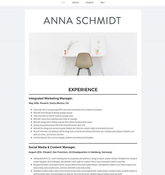 An example of a web page listing job experience on a personal resume website.
 