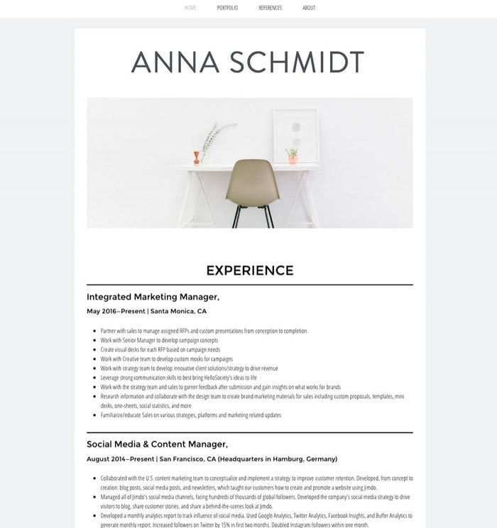 An example of a web page listing job experience on a personal resume website.
 