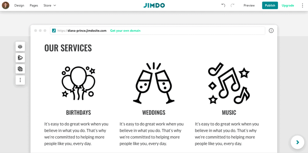 An example of icons on a Jimdo website