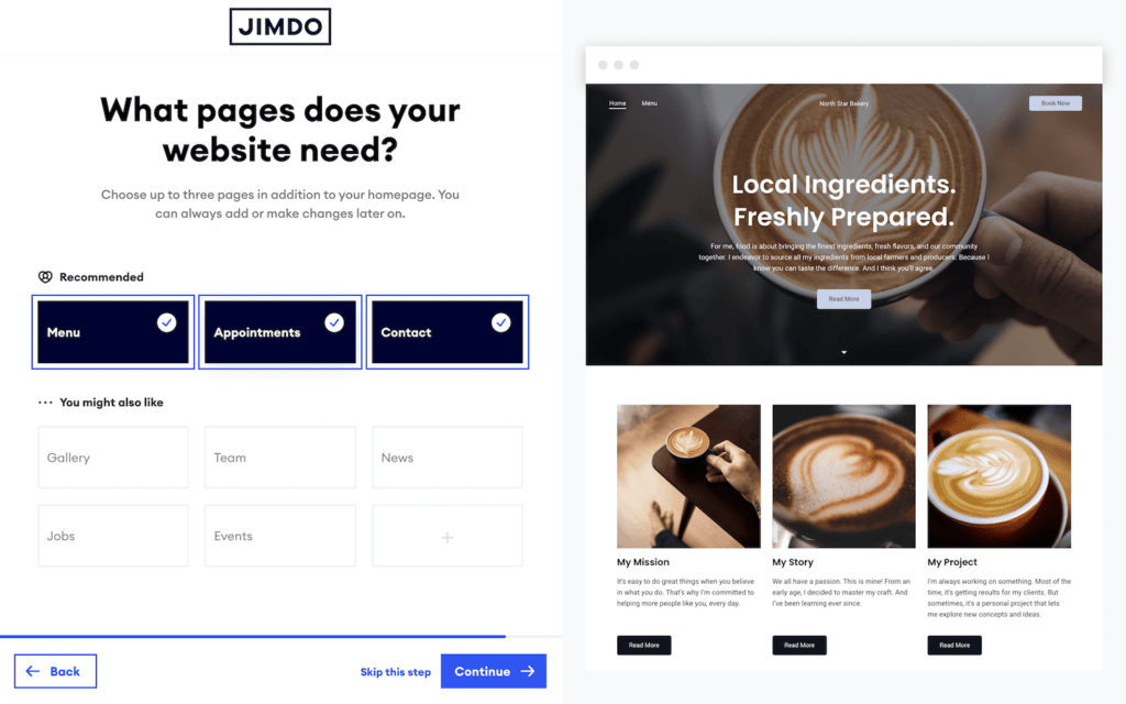 An example of choosing website pages from Jimdo. 