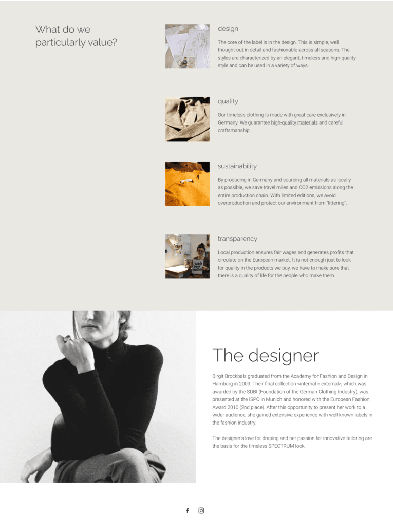 Example of an About Page from fashion designer