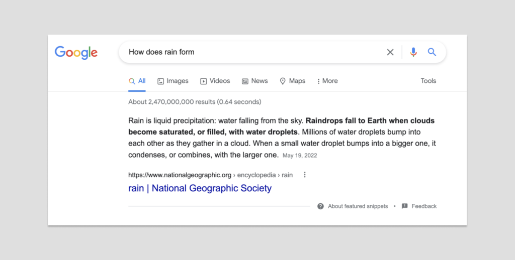 Screenshot of a Google search for rain formation with featured snippet as the first result
