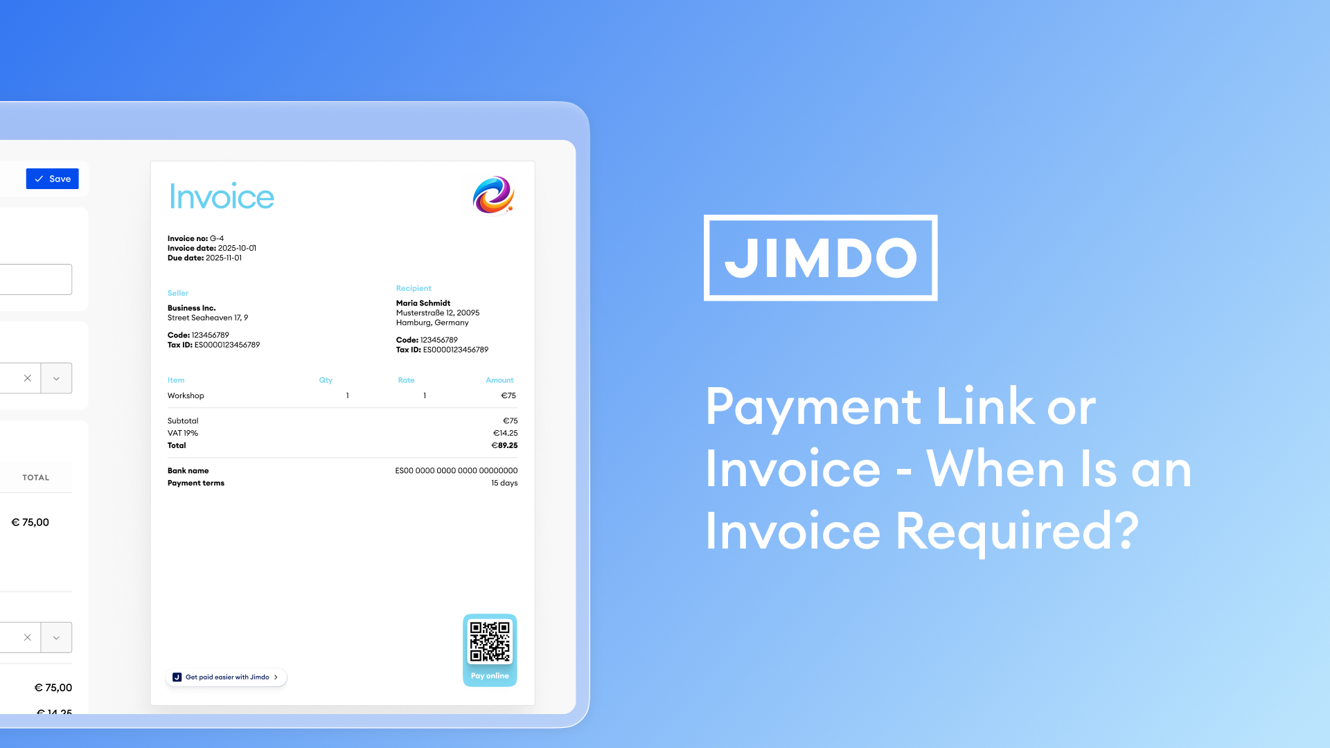 Jimdo invoice showing invoice number, tax ID, VAT and QR code for online payment