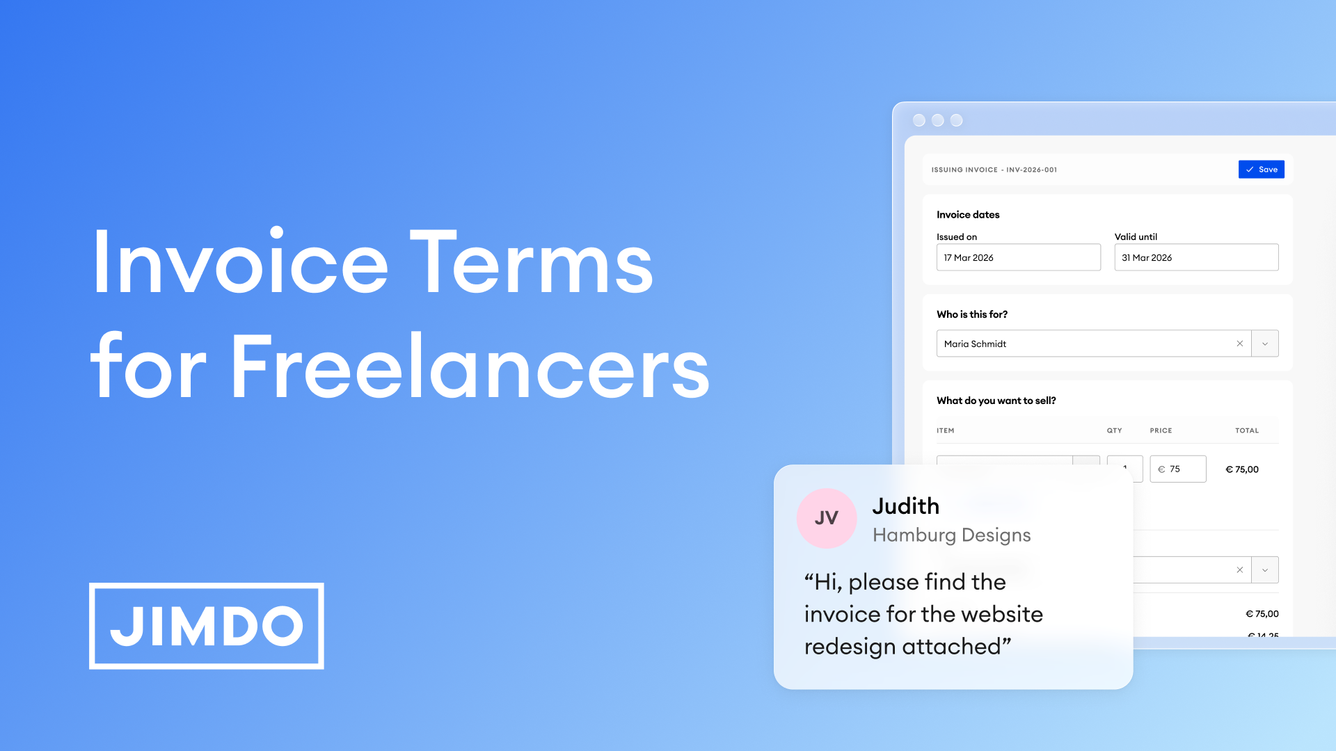 Image: Invoice terms for freelancers – screenshot of Jimdo's invoicing tool showing a sample invoice issued to Maria Schmidt, with a message from Judith at Hamburg Designs sending an invoice for a website redesign
