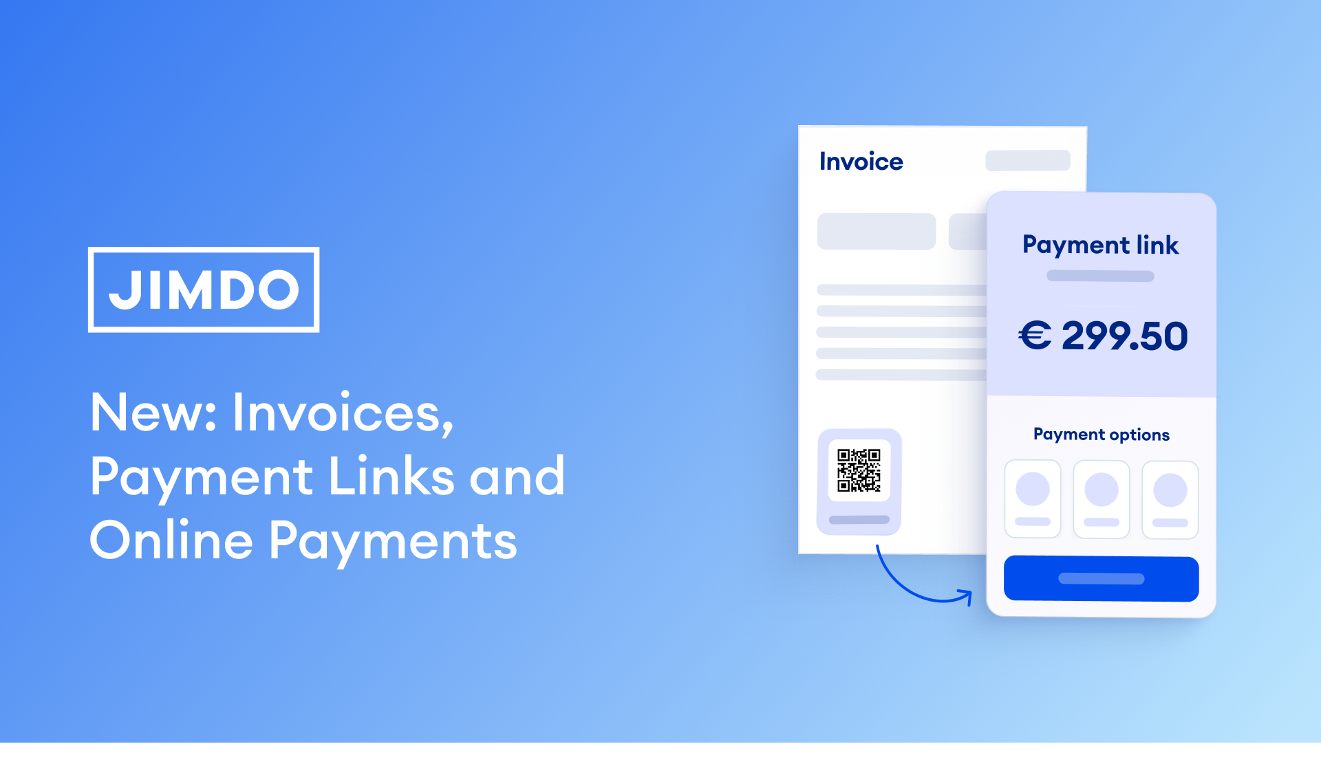 Jimdo dashboard showing a new invoice with a payment link for €299.50 and multiple online payment options