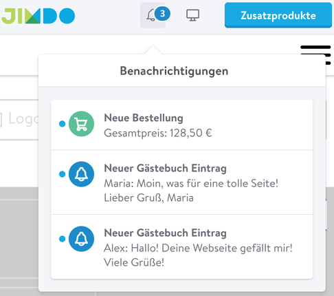 Neue Benachrichtigungen findet ihr oben rechts beim Glocken-Symbol auf eurer Jimdo-Seite