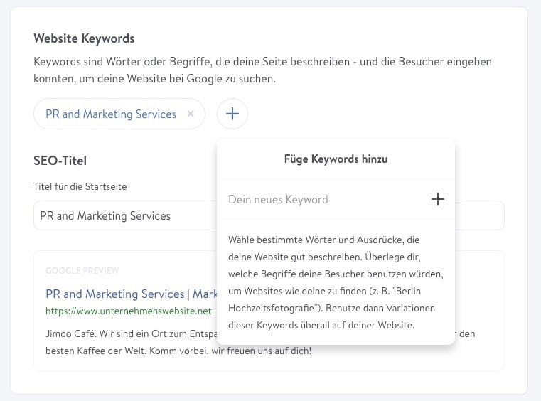 Jimdo Dolphin SEO-Einstellungen, Keywords hinzufügen
