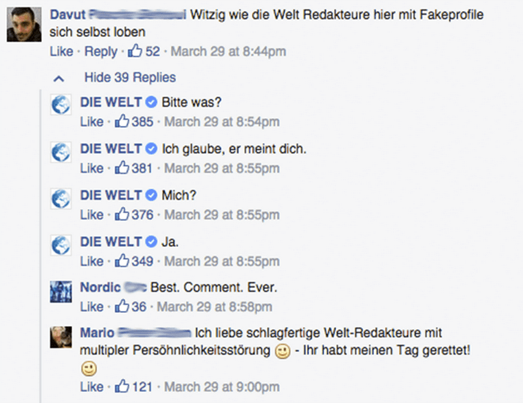 Screenshot von Facebook-Kommentaren von Die Welt.