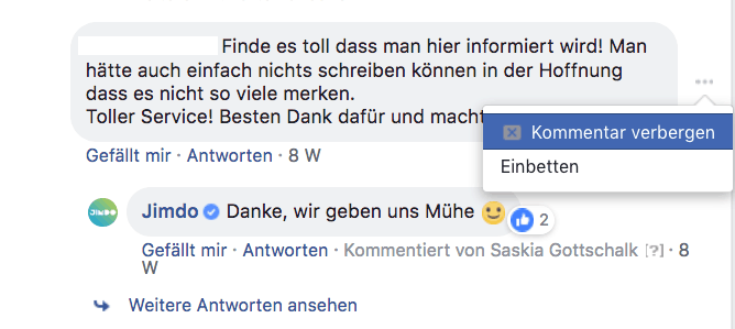 Die "Kommentar verbergen"-Funktion bei Facebook.