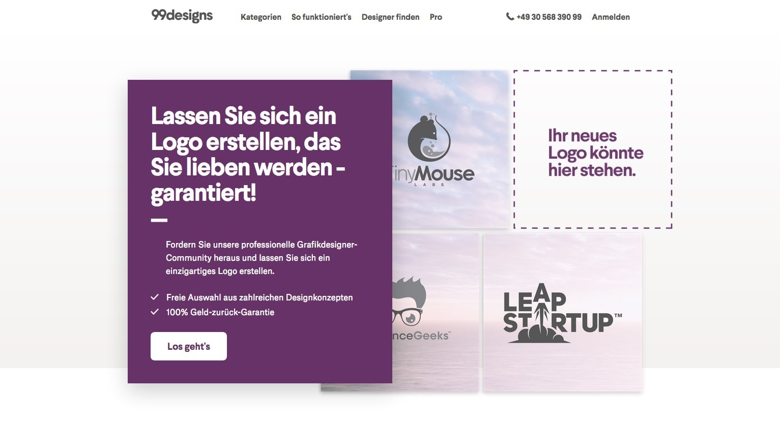 Landingpage auf der Website von 99Designs