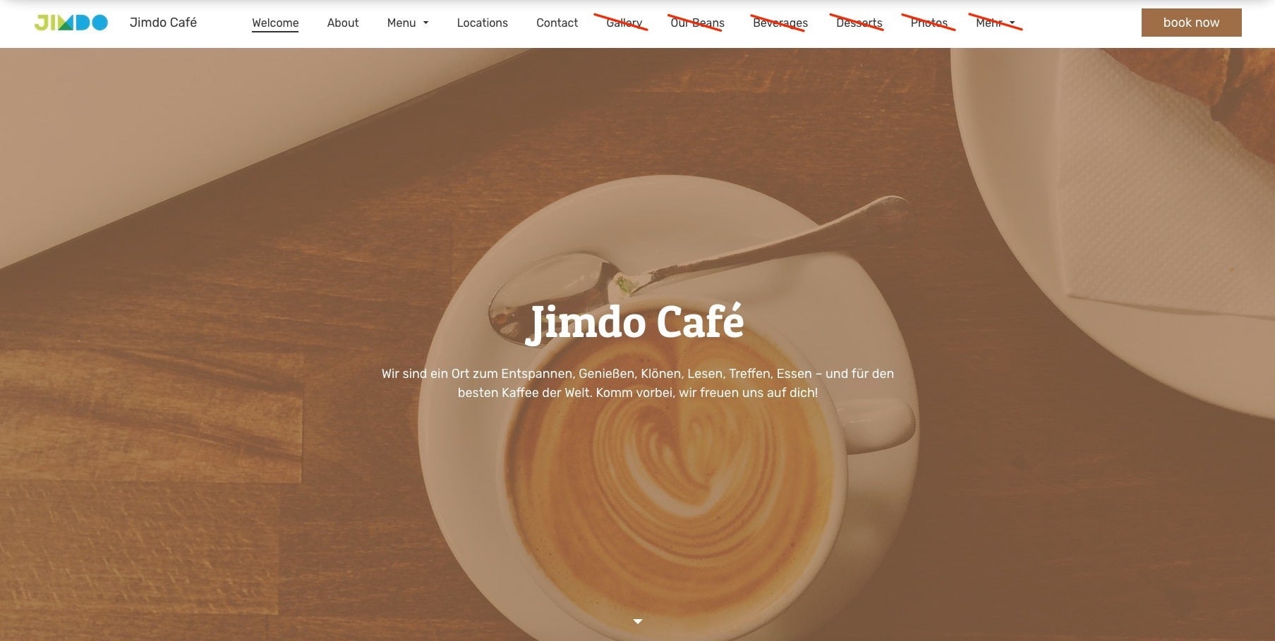 Screenshot einer Jimdo Website mit gekürzter Navigation