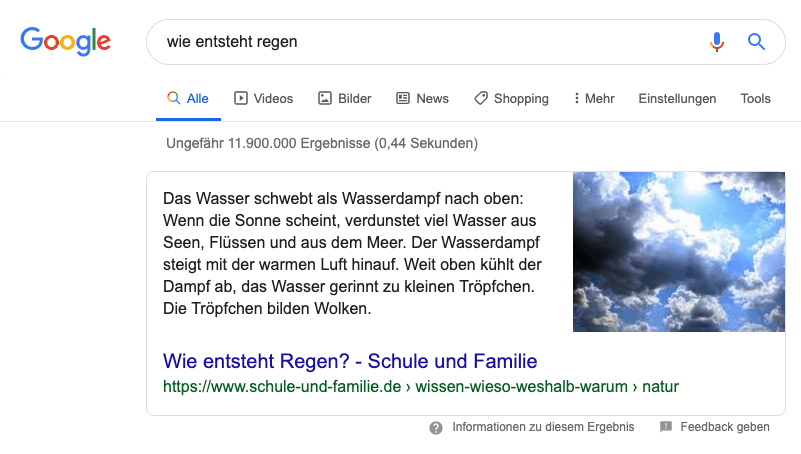 Screenshot eines Featured Snippet auf Google