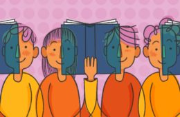 Eine Illustration mit vier Personen, die gleichzeitig in drei verschiedene Bücher kucken.