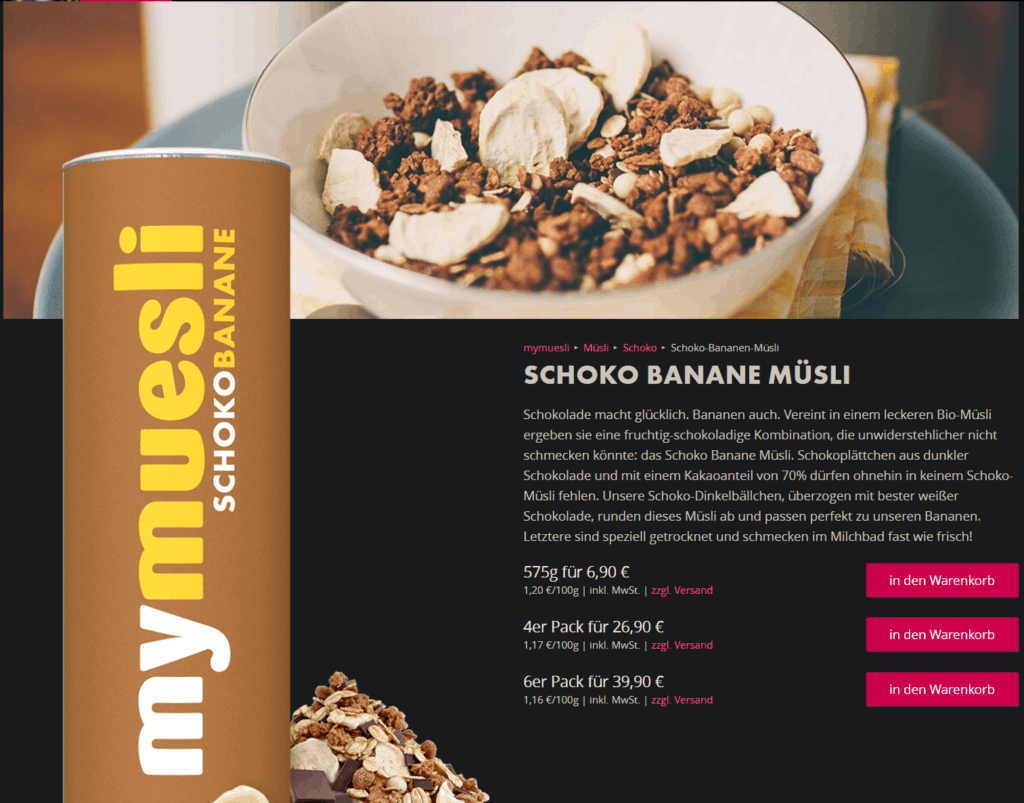 Ausführliche Beschreibung des Schoko Bananen Müslis von Mymuesli.