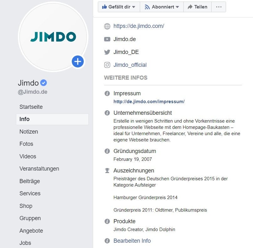Das Impressum der Jimdo Facebook-Seite