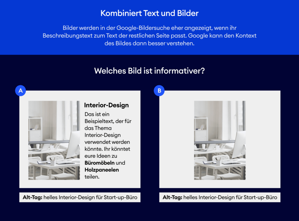 Infografik zu SEO Texten, Grafiken und Alt-Tags. 