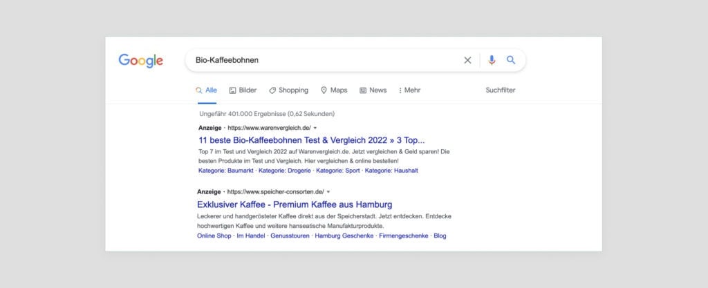 Google Anzeigen Ergebnisse für die Suche nach "Bio-Kaffeebohnen". 