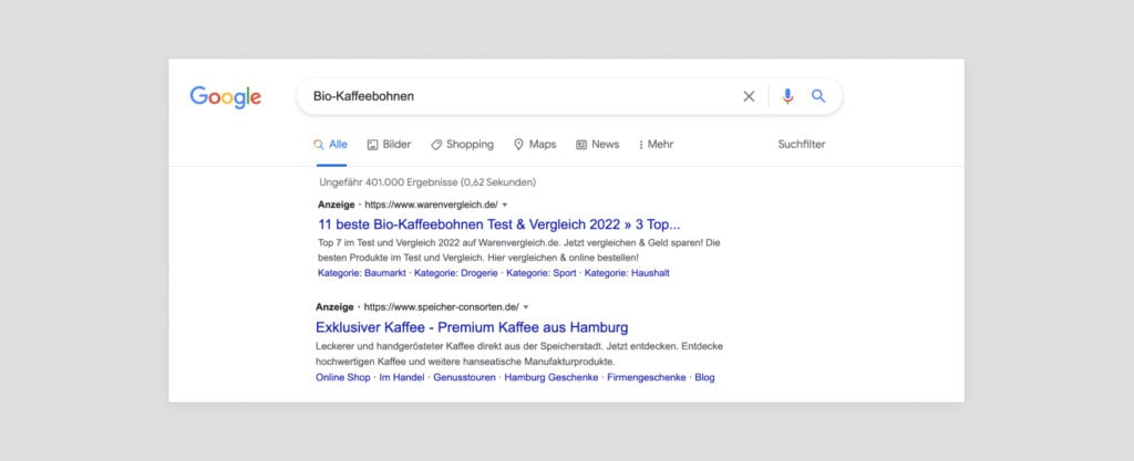Google Anzeigen Ergebnisse für die Suche nach "Bio-Kaffeebohnen". 