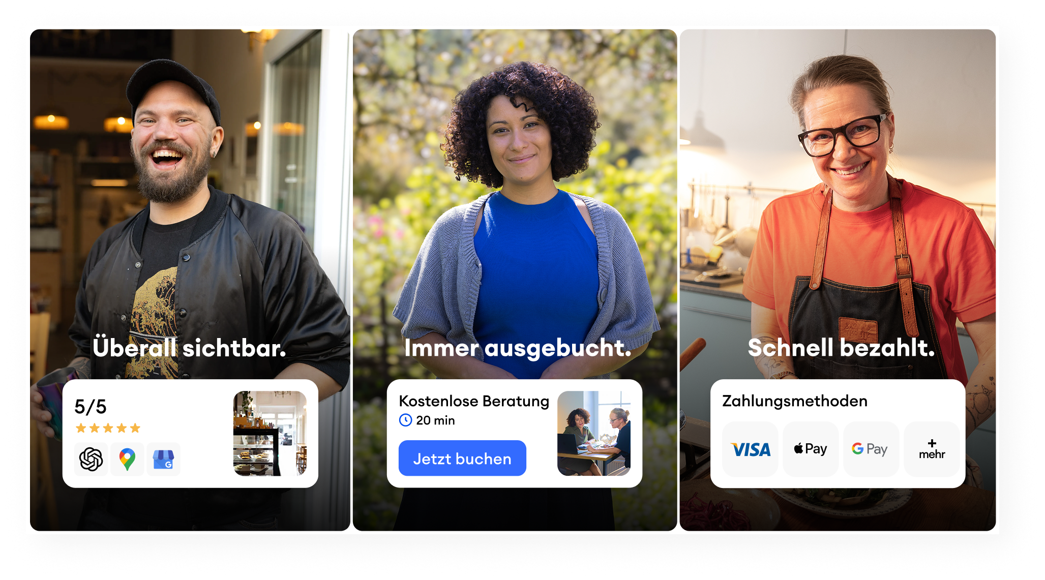 Drei Selbstständige aus verschiedenen Branchen — ein Gastronom, eine Beraterin und eine Handwerkerin — mit den drei Jimdo-Pillars: Überall sichtbar, Immer ausgebucht, Schnell bezahlt. Daneben die Headline: Für ein starkes Business. Mit Jimdos Plattform für Selbstständige.