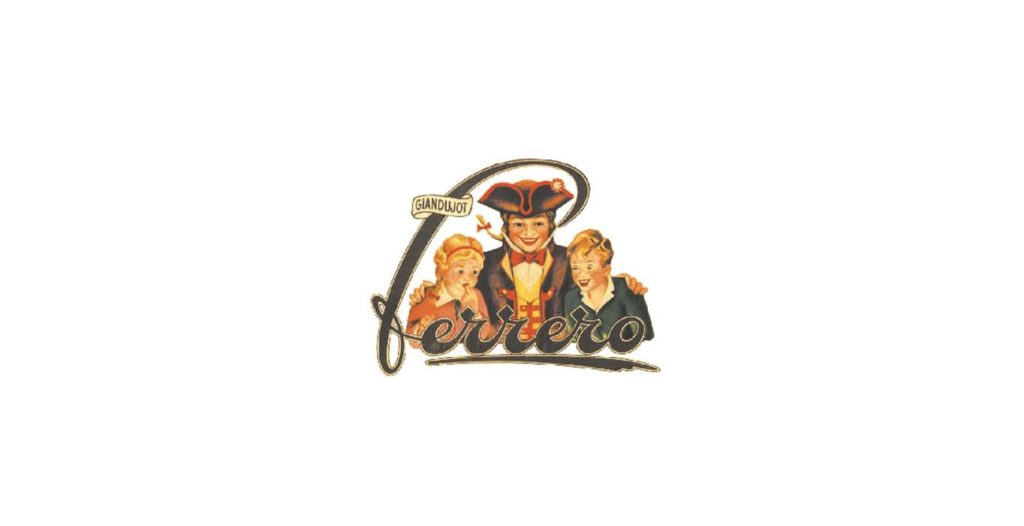Primer logo de Ferrero, año 1946, con un hombre y dos niños.