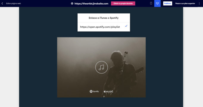 Vista del Bloque de música de una página web de Jimdo
