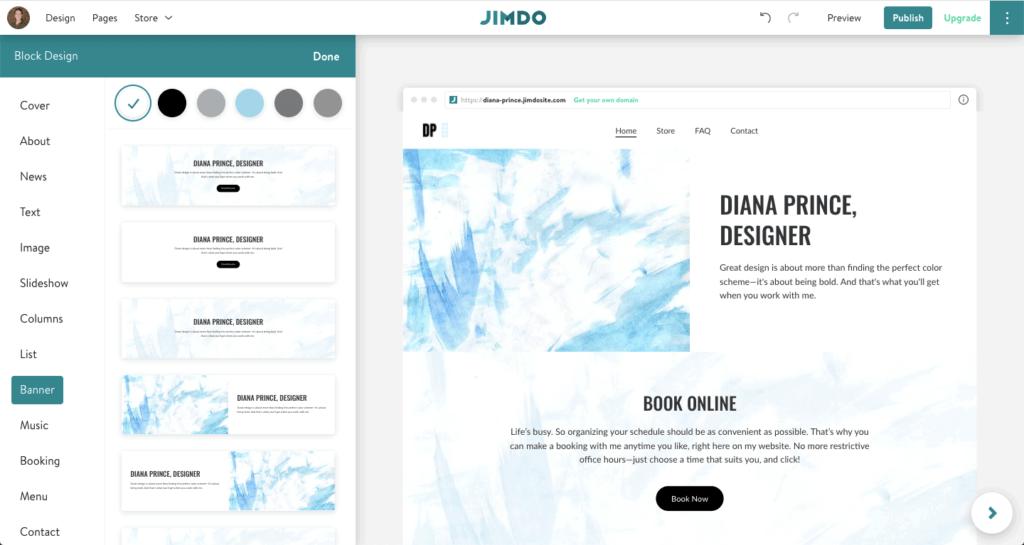 Choix d’un arrière-plan dans un bloc design sur un site Jimdo en mode éditeur