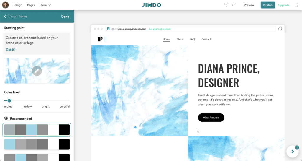 Choix d’une palette de couleurs dans le menu Design d’un site Jimdo en mode éditeur.