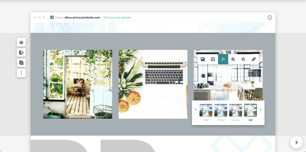 Filtres Jimdo appliqués aux images d’un site Jimdo en mode éditeur.