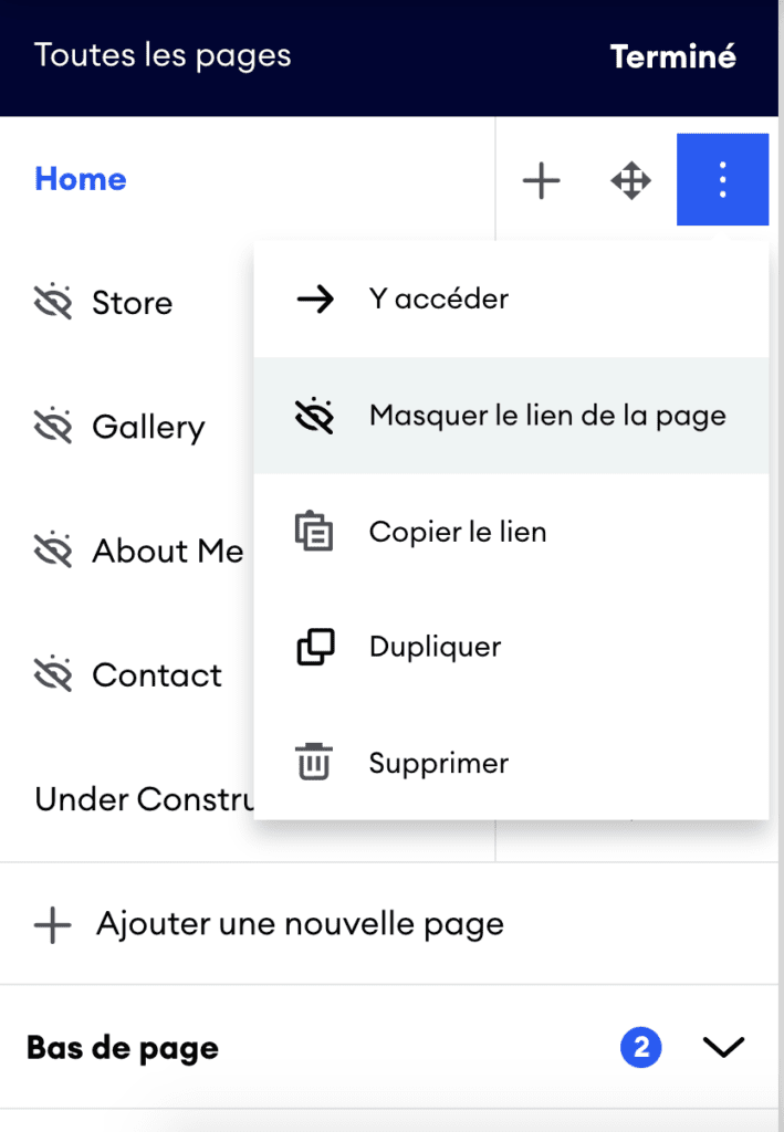 Alt tag: Impression d’écran de l’éditeur de site Jimdo montrant comment masquer les pages d’un site