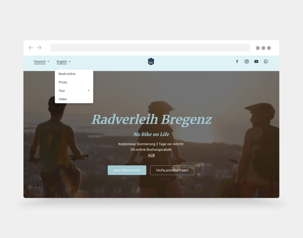 Page d’accueil du site multilingue de l’entreprise de location de vélos Radverleih Bregenz