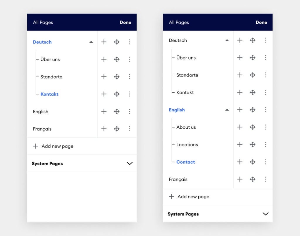 Exemple de menus de navigation d’un site multilingue avec pages dupliquées