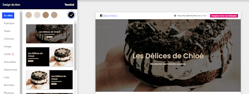 Ajout d’un bloc et personnalisation du design sur un site de pâtisserie créé avec l’éditeur de site Jimdo.
