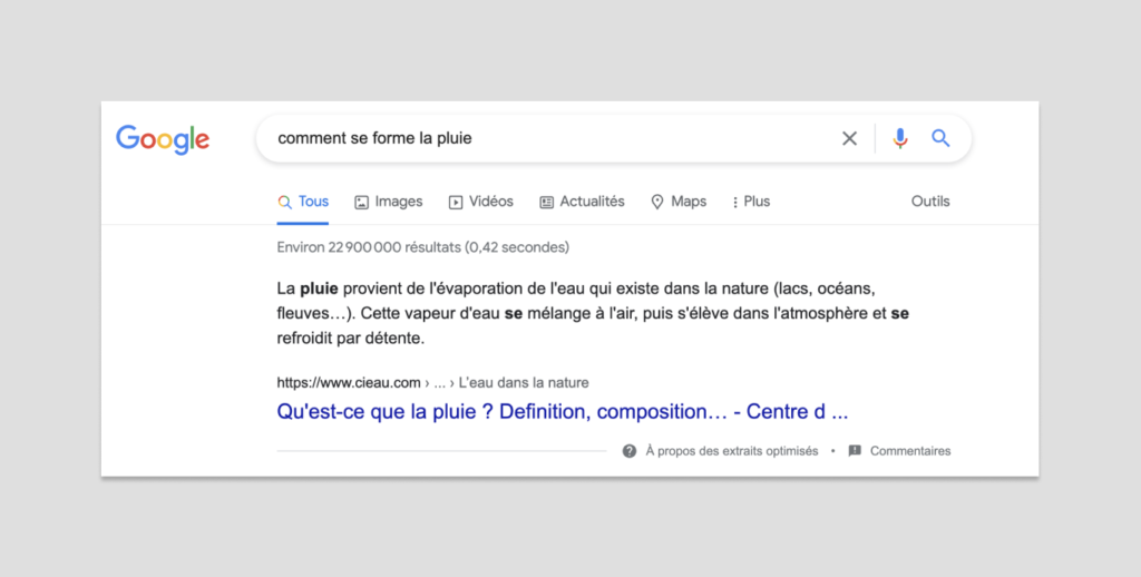 Capture d'écran d'une recherche Google sur la formation de la pluie avec extrait optimisé en première position