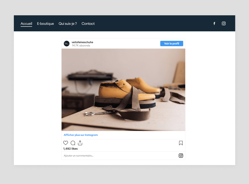 Capture d’écran d’un site Jimdo intégrant une publication Instagram