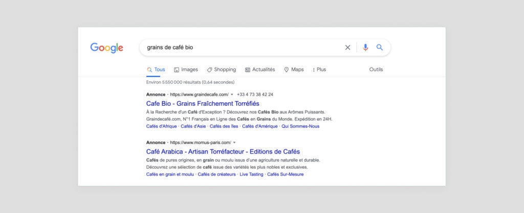 Capture d’écran d’une recherche Google avec un résultat payant en première position