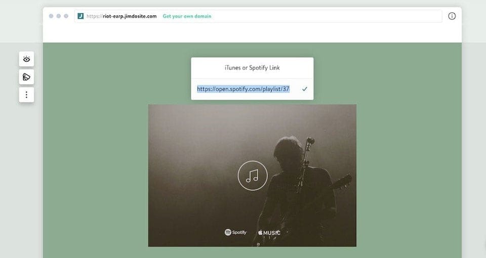 Blocco Musica di un sito Dolphin in cui viene mostrato il riquadro in cui inserire il link di Spotify.