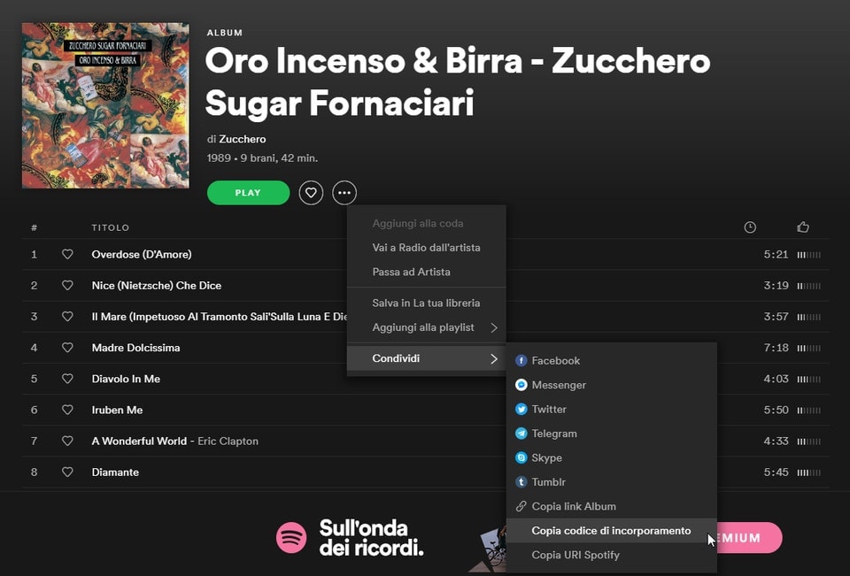 Schermata di Spotify che mostra come ottenere il codice da incollare sul proprio sito.