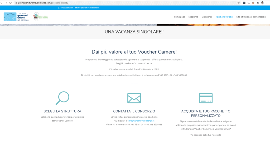 Pagina del sito del consorzio operatori turistici Valli di Lanzo che offre dei voucher