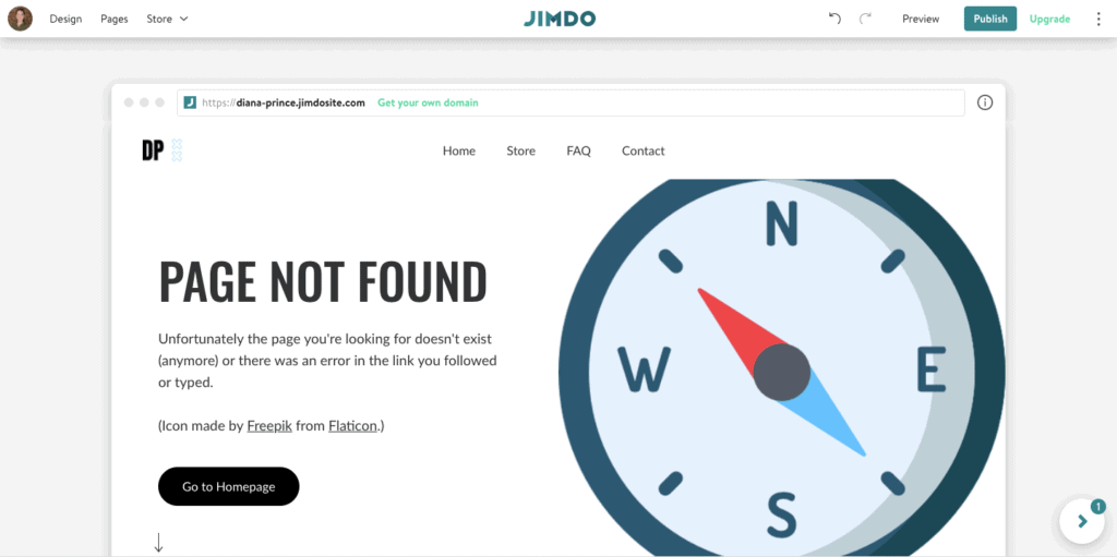 Icona gratis inserita nel blocco immagina della pagina 404 di un sito Jimdo.