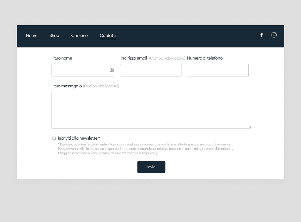 Screenshot del formulario di contatto su un sito Jimdo contenente il box per prestare il consenso alle attività di marketing