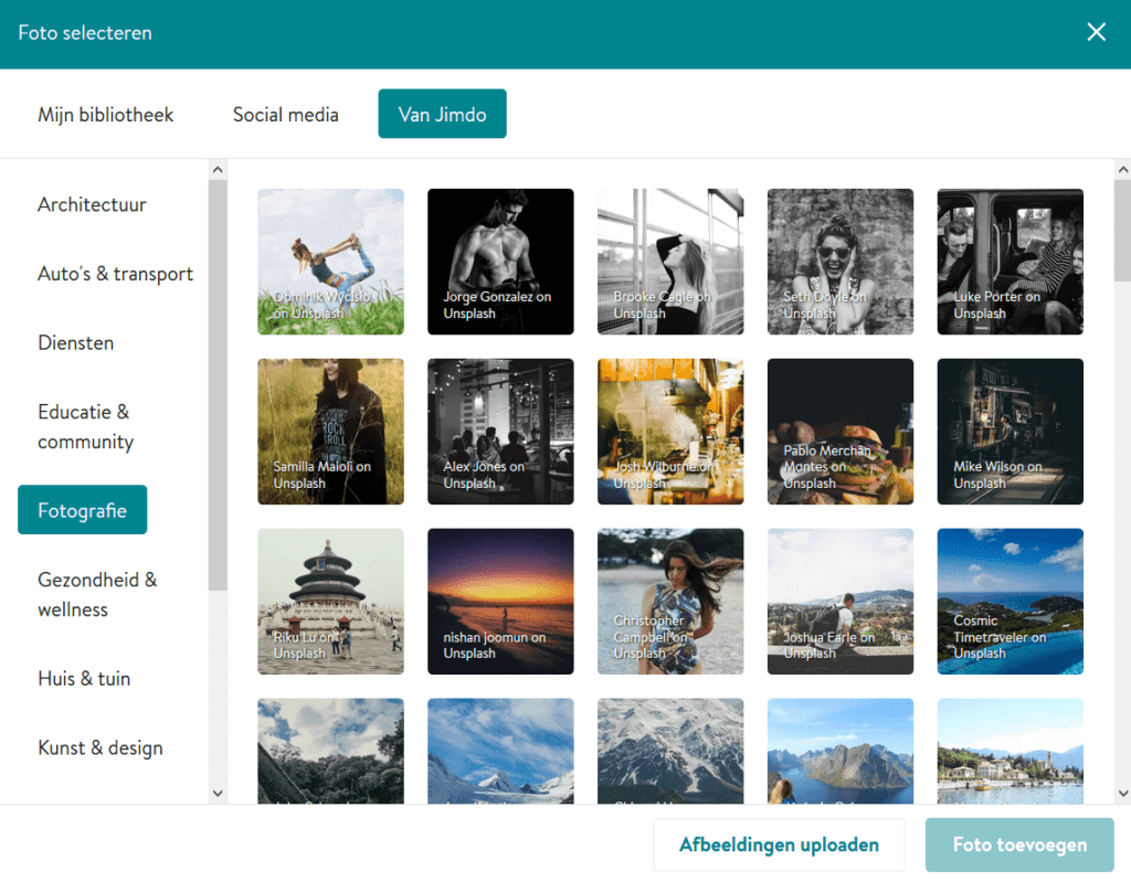 Stockfoto's in de mediabibliotheek van een Jimdo Dolphin website