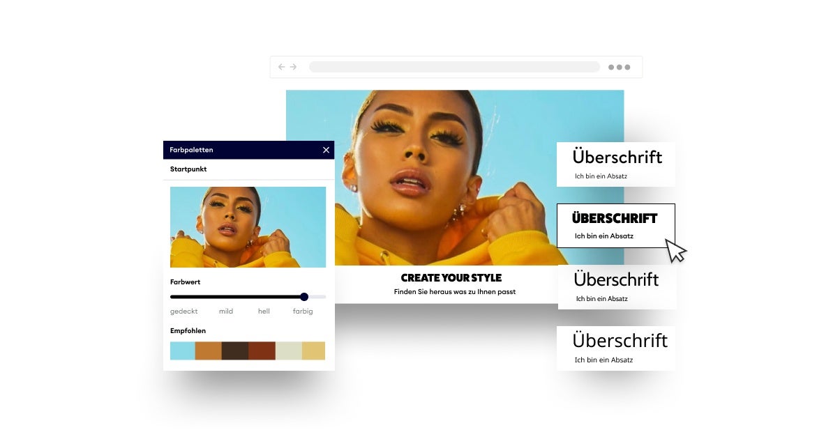 Homepage-Baukasten, Schritt 3: Gestalte deine Website individuell. Farbskala, Schriftarten, Bild.