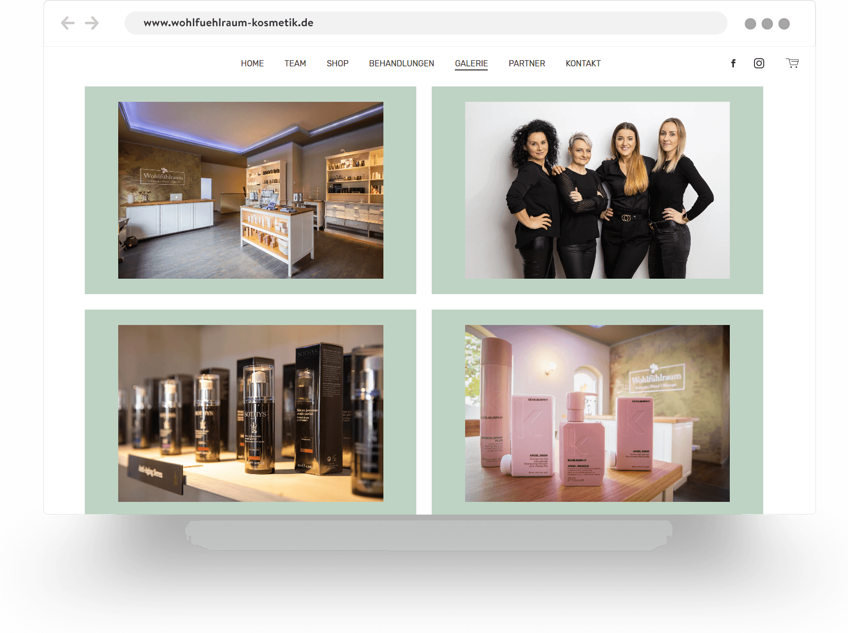 Example of a gallery page from a beauty salon website built with Jimdo showing the salon, four team members, and their products