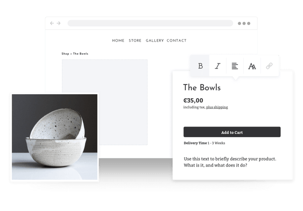 Exemple d'une page produit présentant des bols en céramique sur une boutique en ligne créée avec Jimdo