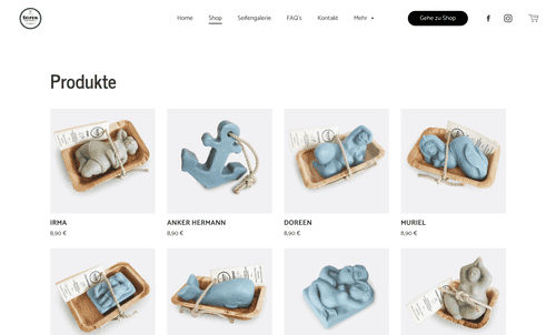 Ein moderner Onlineshop für Seifen, der mit Jimdo erstellt wurde.